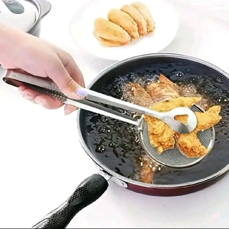 Stainless Steel Oil Strainer Spoon with Long Handle for Frying Food - Kitchen Utensil Tongs 2