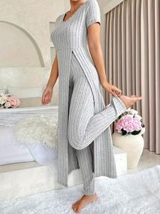 Two-piece Set Women's Solid Split Outfits Set, Elegant Casual Cozy Longline Top & Pants for Daily Outdoor Wear, Ladies Spring & Fall Clothes