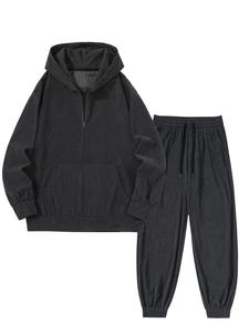 Men's Solid Half Zip Hoodie & Pants Corduroy Set, Casual Loose Long Sleeve Hooded Sweatshirt & Trousers, Men's Fall & Winter Clothes