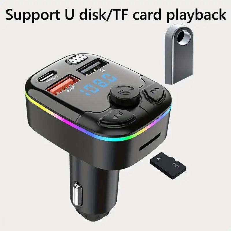 1 pc  Bluetooth 5.4 FM Transmitter Car phone Charger 54W PD&QC 3.0 dual USB Type-C Charger Adapter [Fast Charging] [Stronger Mics & HiFi Deep Bass] [Light Switch] Wireless Radio Receiver Hands-Free Calling 3