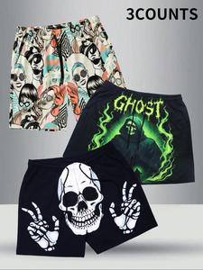 Men's Figure & Skull Print Drawstring Waist Shorts, Regular Fit Casual Pocket Shorts, Men's Summer Bottoms for Vacation Holiday