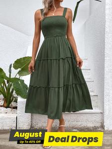 Women's Frill Trim Ruffle Hem Shirred Backless Sundress Cami Dress, Sleeveless A Line Long Dress, Women's Clothing for Summer Beach Holiday, Boho Clothes Women, Vintage Girly Clothes, Womenswear, Casual Wear, Bohemian Summer Dresses