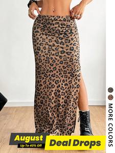 Women's Leopard Print Slit Hem Skirt, Fashion Casual Long Skirt for Daily Outdoor Wear, Ladies Bottoms for Summer