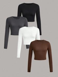 Women's Solid Long Sleeve Tee, Casual Basic Round Neck Tops for Daily Wear, Ladies Clothes for All Seasons