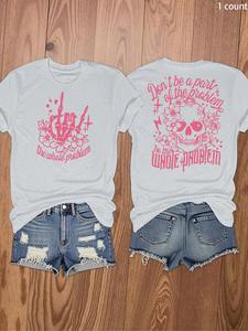 Women's Floral & Skeleton Print Round Neck Tee, Casual Short Sleeve Crew Neck T-shirt for Daily Wear, Ladies Sportswear for All Seasons, Top, Womenswear