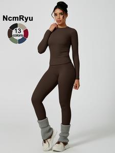 Two-Piece Set Women's Patchwork High Elastic Soft Round Neck Flat Shoulder Long Sleeve Slim Fit Beautiful Hip Tight Pants Yoga Clothes suit Four Seasons Outdoor Running Cycling Hiking Walking Shopping Fashion suit Gym Sweatsuit Set