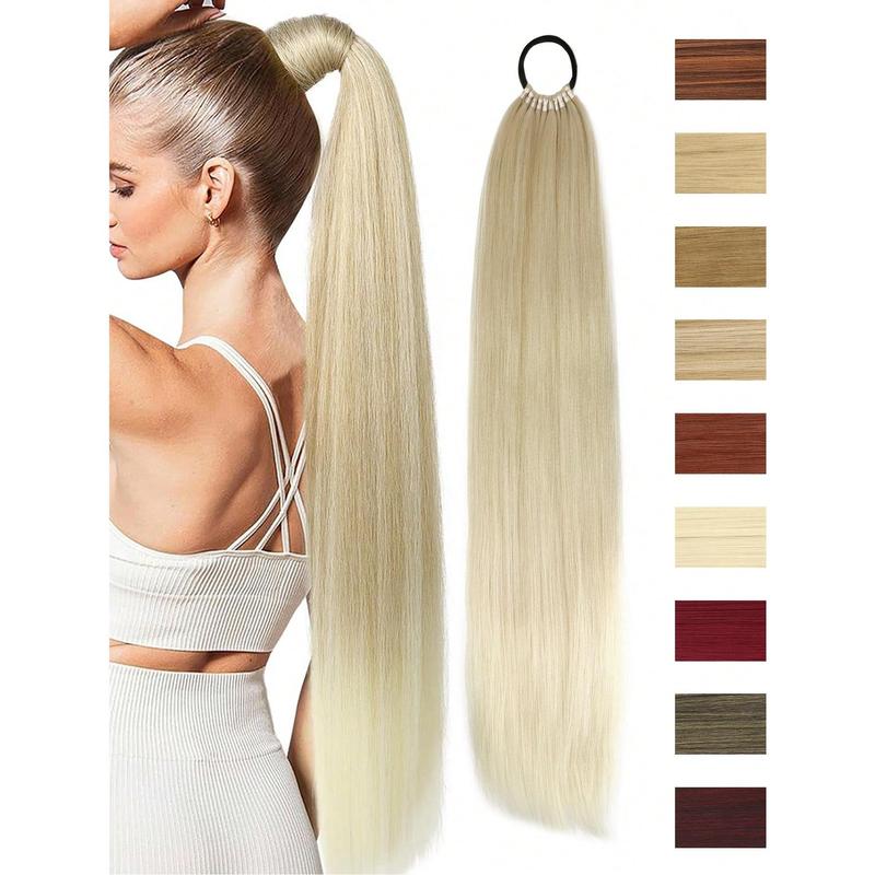 26 Inch/34 Inch Ponytail Extensions, Versatile Elastic Band Black Brown Gold Burgundy Ponytail Heat Resistant Extension For Women, Long Straight DIY Wrap Around Ponytail Soft Natural Synthetic Pony Tails For Christmas New Year Carnival Music Festival 0