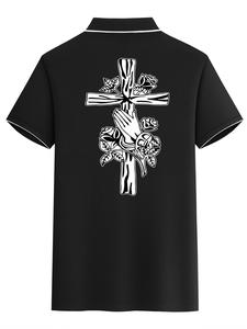 Men's Regular Fit Cross & Hand Print Polo Shirt, Casual Short Sleeve Top for Summer, Fashion Men's Clothes for Daily Wear