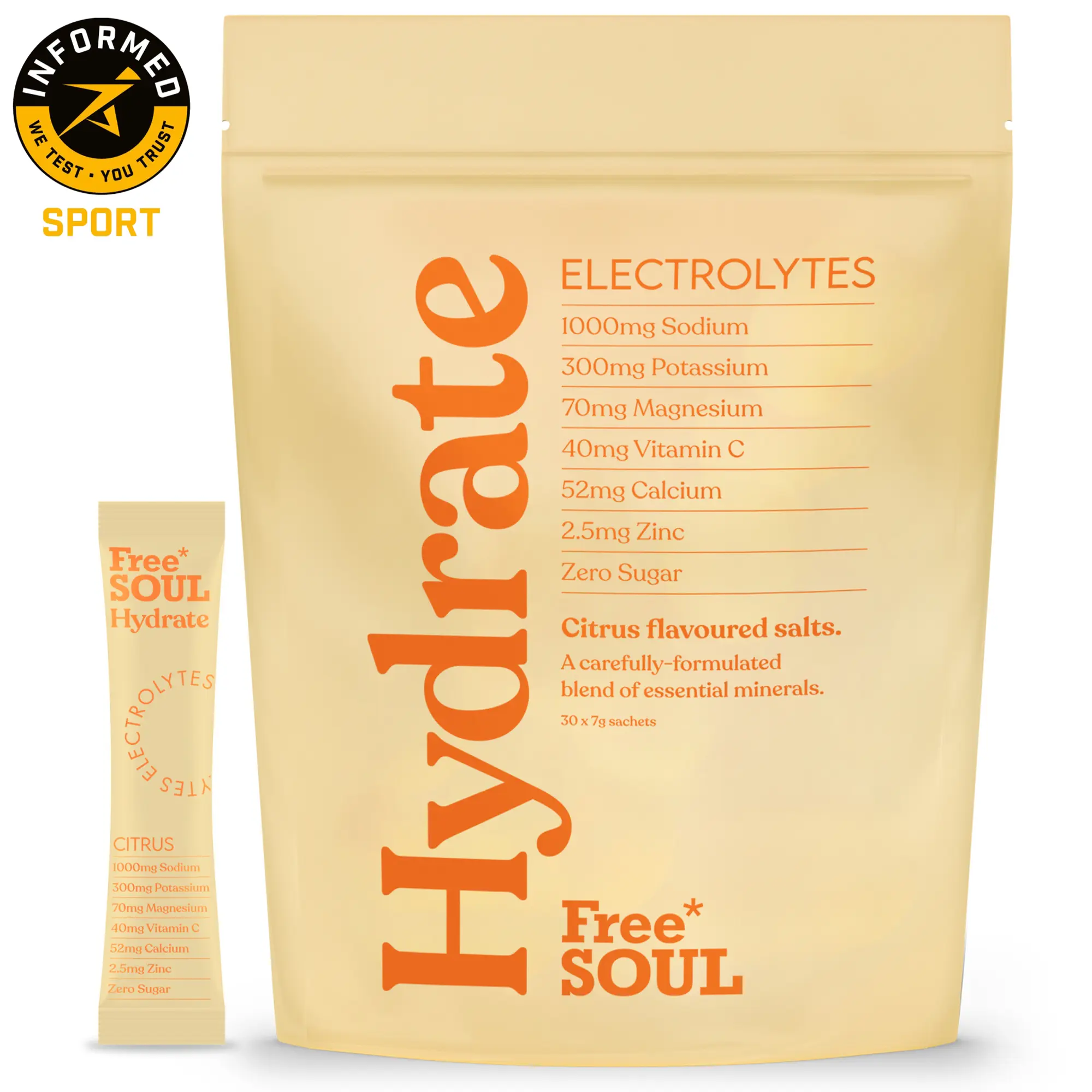 Hydrate Electrolyte Sachets by Free Soul – Sodium, Magnesium, Vitamin C, & More - Zero Sugar, Advanced Hydration Sachets for Enhanced Hydration & Recovery | Citrus Flavour | 30 Sachets