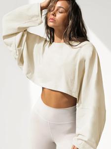 Women's Plain Batwing Sleeve Crop Sweatshirt, Street Casual Drop Shoulder Round Neck Pullover for Fall, Ladies Clothes for Daily Wear