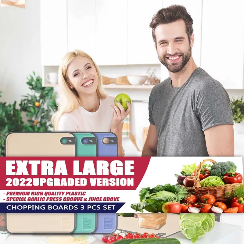 Chopping Board Set, BPA Free Plastic Cutting Boards, Large Chopping Boards with Non-Slip Rubber Feet and Garlic Press Grove for Kitchen Carving Meat/Vegetable, Durable & Easy to Clean, 3 Pcs Knives 3