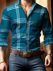 Men's Plaid Print Button Front Shirt, Regular Fit Casual Long Sleeve Collared Top for All Seasons, Men's Clothes for Daily Wear