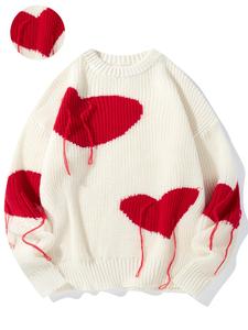 Valentine's Day Men's Heart Print Round Neck Sweater, Regular Fit Casual Long Sleeve Crew Neck Jumper for Fall & Winter, Gift for Him, Fashion Men's Knitwear for Daily Wear