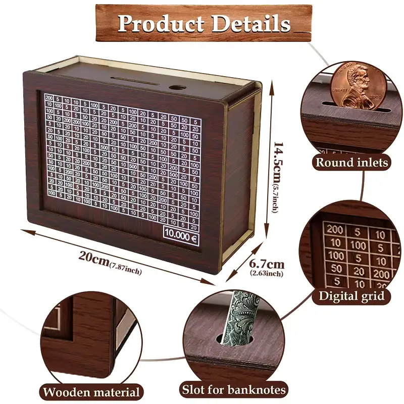 1000/2000/3000/5000/10000 Euro Money Box Wooden Piggy Bank Money Vault Savings Box Challenge Cash Storage Case 6
