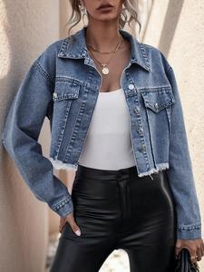 Women's Plain Button Front Raw Hem Crop Denim Jacket, Casual Flap Detail Long Sleeve Collared Outerwear for Daily Wear, Ladies Clothes for All Seasons