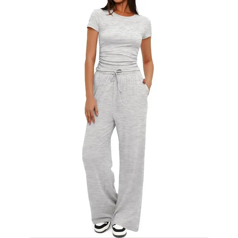 Women's Solid Crop Top & Drawstring Wide Leg Pants Loungewear Two-piece Set, Casual Comfy Round Neck Short Sleeve Top & Trousers PJ Set, Ladies Sleepwear for All Seasons, Pajamas 1