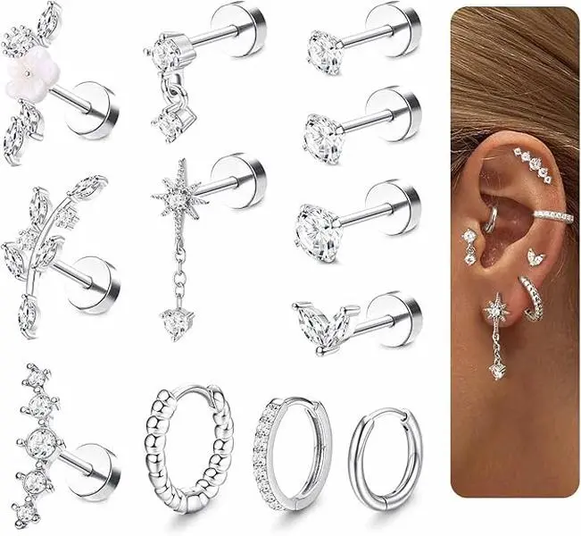 12Pcs Helix Piercing Jewellery Surgical Steel Tragus Earrings Set Flat Back Earrings Stud Flower Ear Piercing Helix Hoop Cartilage Earrings Silver Gold Conch Daith Tragus Piercing Jewellery