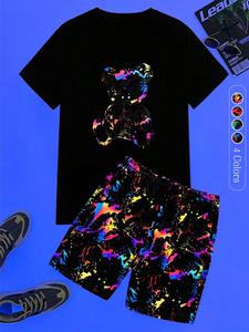 Two-Piece Set Men's Regular Fit Reflective Cartoon Bear Print Short Sleeve Tee & Pocket Elastic Waist Shorts Set, Casual Round Neck T-shirt & Track Shorts for Summer, Fashion Cozy Men Two-piece Outfits for Daily Wear