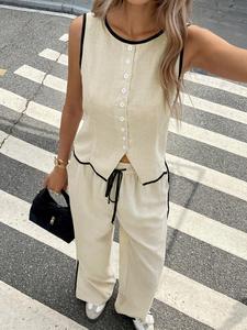 Two-piece Set Women's Contrast Binding Tank Top & Straight Leg Pants, Casual Fashion Cozy Top & Trousers for Daily Outdoor Wear, Ladies Clothes for All Seasons, Womenswear, Casual Loungewear Set