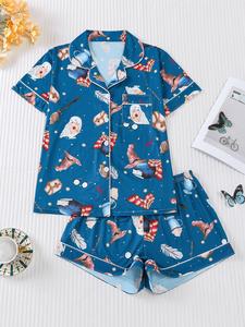 Two-Piece Set Women's Floral Print Crop Top & Elastic Waist Shorts Pyjama, Casual Comfy Short Sleeve Top & Shorts PJ Set, Ladies Summer Sleepwear