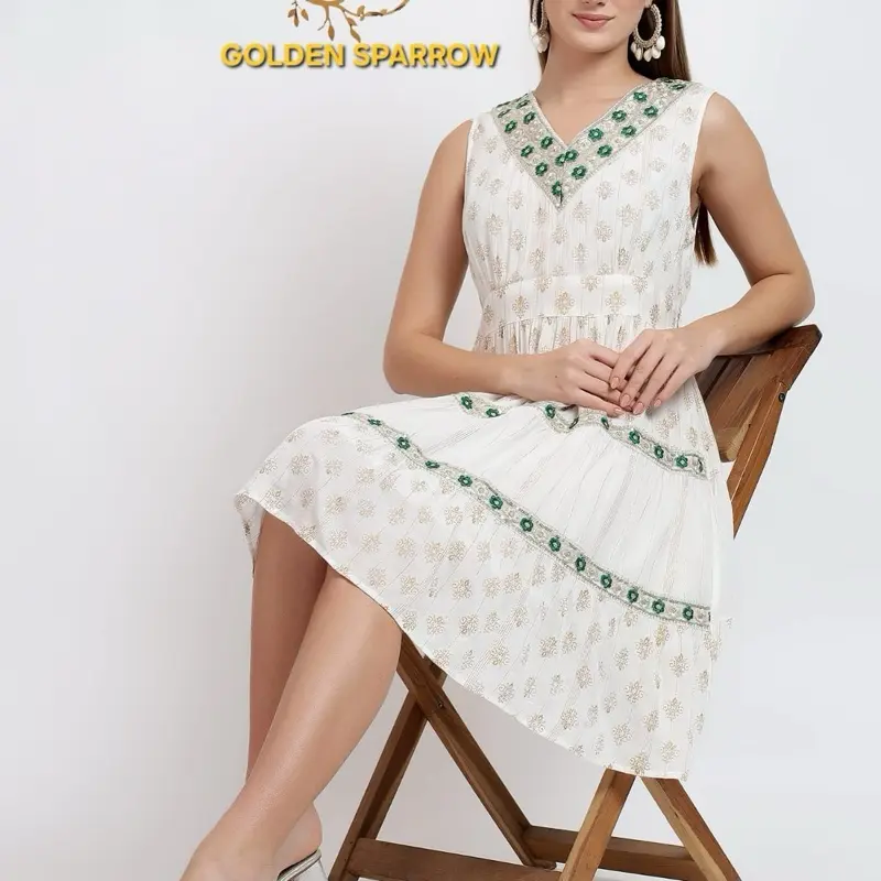 Boho Knee Length Embroidered Midi Dress for Women - Casual Style - Womenswear Summer Comfort Sleeveless Vneck Gorgeous Embroidery Green Off White 6