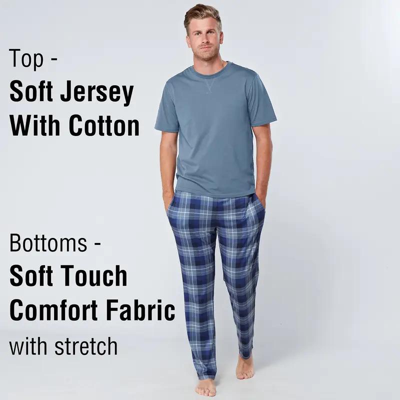 Mens Pyjama Set with Short Sleeve T Shirt & Bottom Pants - Sleepwear, Loungewear & Nightwear for Men - Soft & Comfortable Mens PJs Cotton Fabric 4