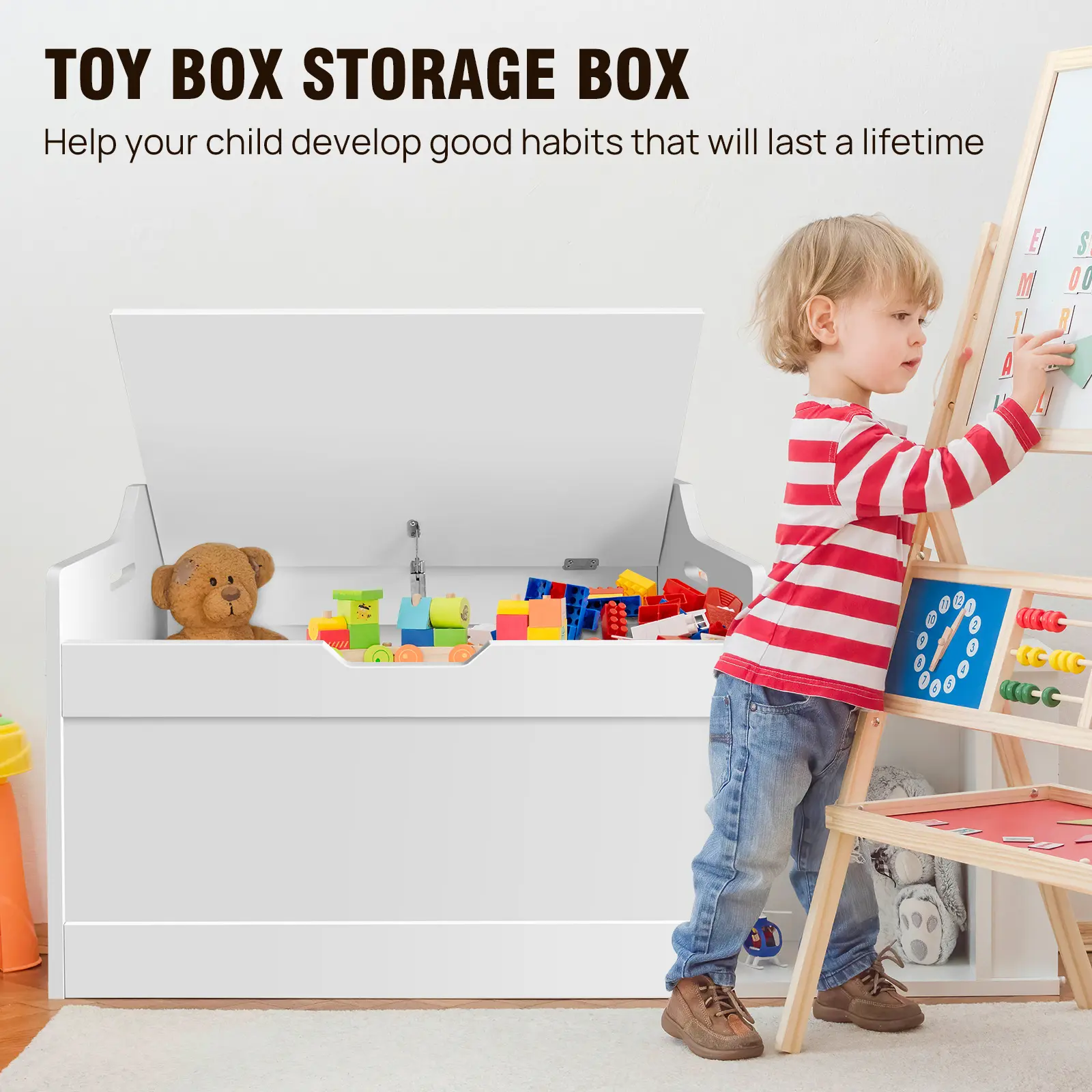 Wooden Kids Toy Box Tabletop 0.98 * 2.29 FT, Storage Stool with Lid and Safety Hinges, MDF Sturdy and Safe, for Toys and Storage, White Contemporary Style, Height 1.52FT, White