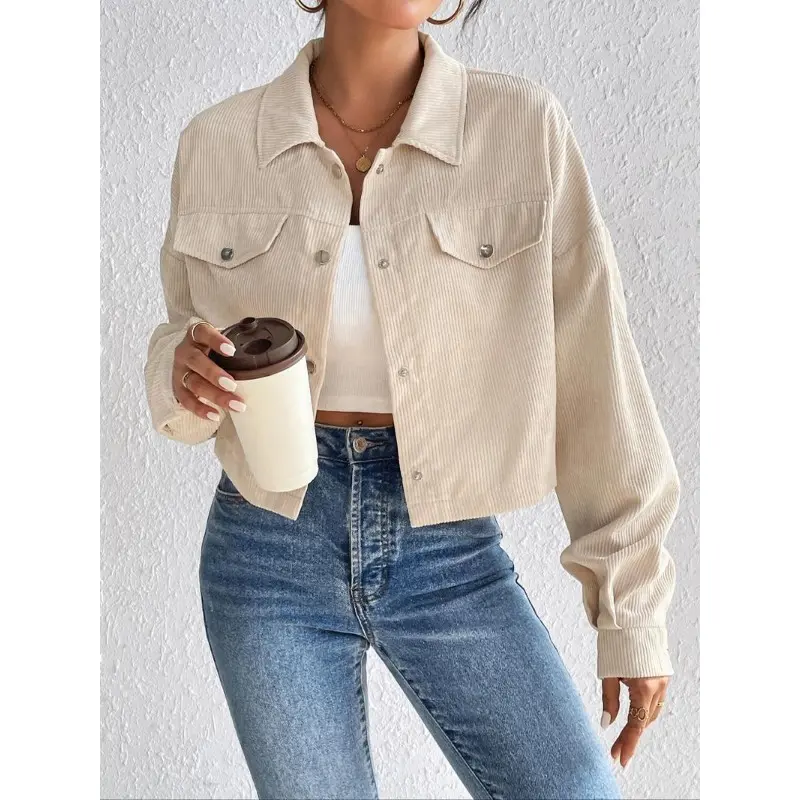 Women's Plain Button Front Collared Long Sleeve Jacket, Y2k Clothes, Casual Drop Shoulder Pocket Corduroy Jacket, Shacket Coat for Fall & Winter, Jacket for Women Back To School,  Jackets for Women, Holiday Outfits, Coats for Women, School Essentials 2
