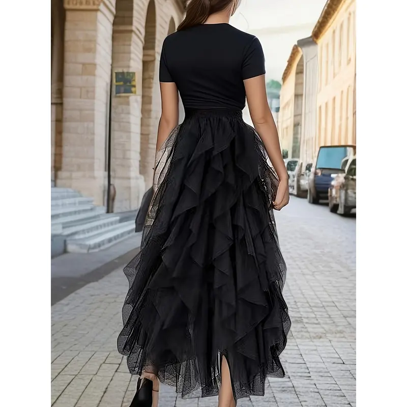 Elastic Waist Mesh Layered Tutu Skirt, Casual Solid Color Tiered Skirt for Women 0
