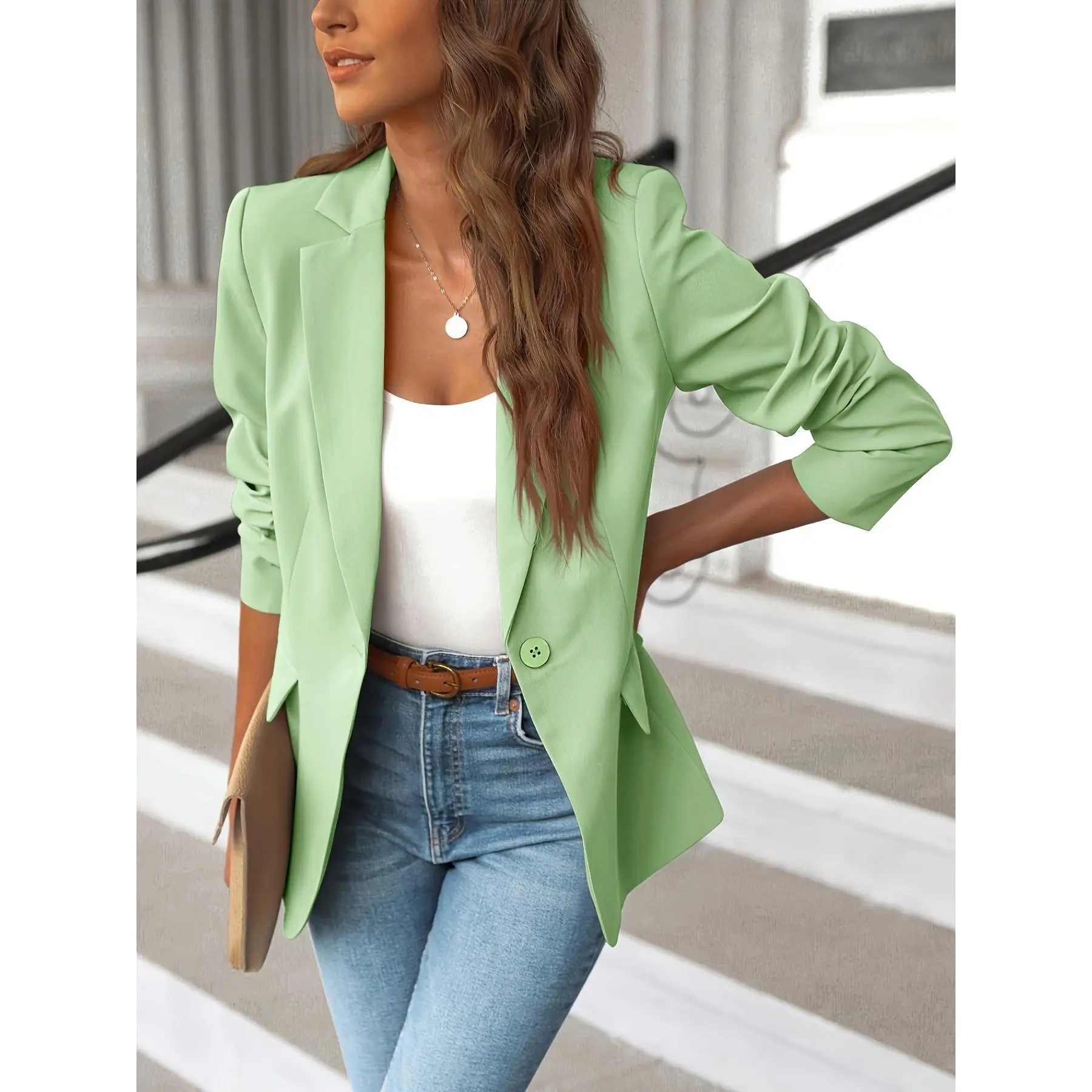 Casual Long Sleeve Solid Lapel Blazer Jacket - Women's Work Office Outerwear With Pockets  Womenswear Suits Comfort