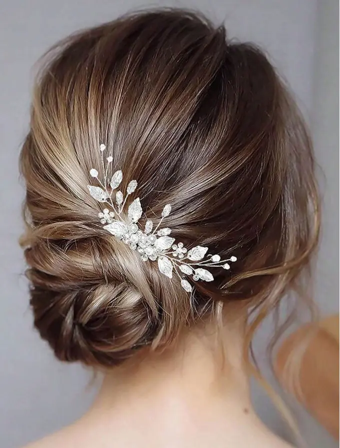 1pc Silver-Color Handmade Leaf & Crystal Side Comb Hair Accessory For Bridal Wedding Party Royal