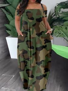 【Plus Size】 All Over Print Off Shoulder Dress, Dresses Summer, Casual Camo Short Sleeve Long Dress for Summer, Summer Clothes Women, Plus Size Dresses, Casual Wear