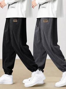 Men's Letter Patched Corduroy Pants, Casual Comfy Loose Trousers for Fall & Winter, Men's Bottoms for Daily Wear