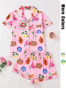 Women's Fruit Print Shirt & Elastic Waist Shorts Pyjama Two-piece Set, Casual Comfy Short Sleeve Top & Shorts PJ Set, Ladies Sleepwear for All Seasons