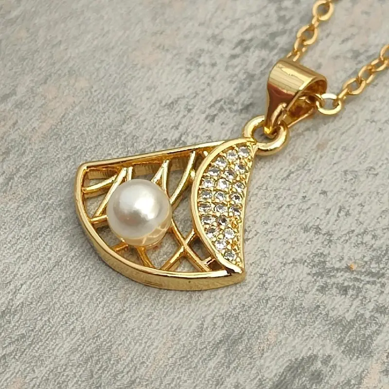 18K Gold Plated Necklace with Pearl Diamond Pendant 1
