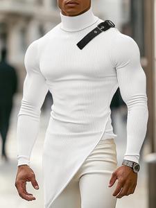 Men's Fashion Solid Asymmetrical Hem High Neck Tee,Casual Buckle Decor Long Sleeve T-shirt for Spring & Fall,Fashion Men's Clothes for Daily Wear