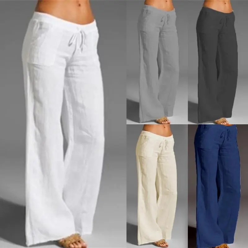 Women Cotton Linen Wide Leg Pants Fashion Elastic Drawstring Waist Straight Long Pants Loose Casual Solid Pockets Trousers