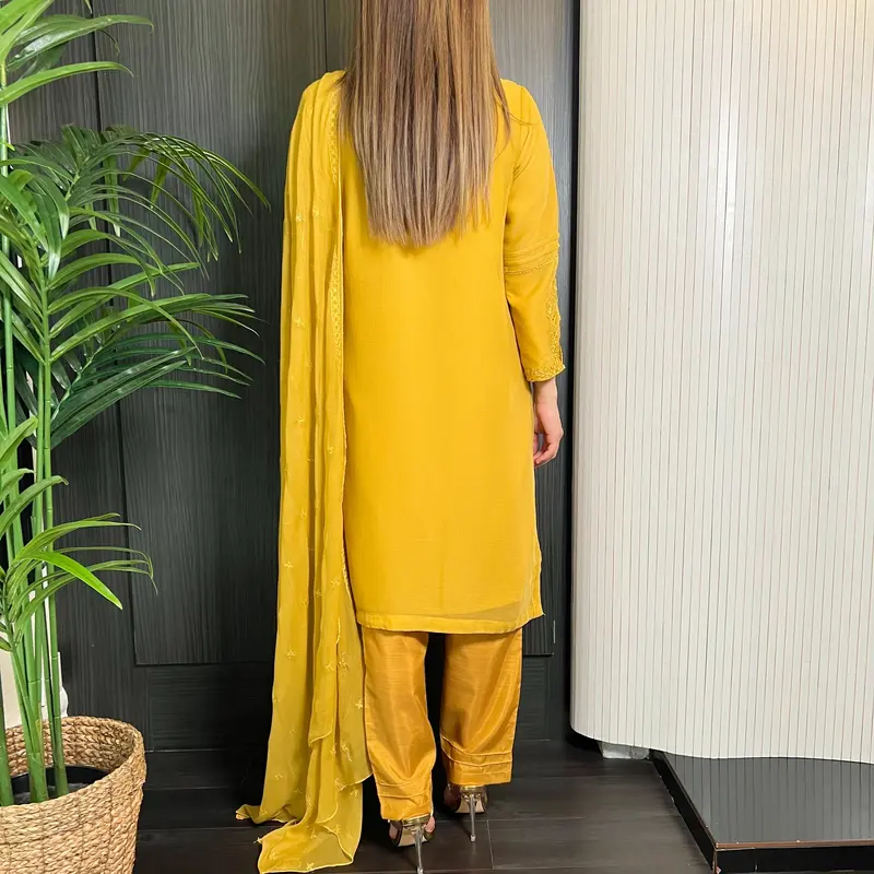 Mustard Hand Embroidered Chiffon Suit 2