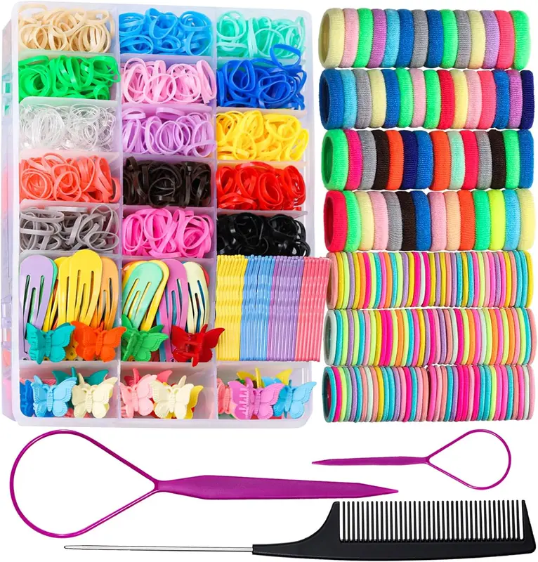 Elastic Hair Bands Hair Ties for Little Girls, Hair Rubber Bands with Tail Hair Tools, Snap Hair Clips, Baby Hair Bobbles for Girls, Pin Tail Comb, Hair Accessories for Kids, Thin Hair Bands 0