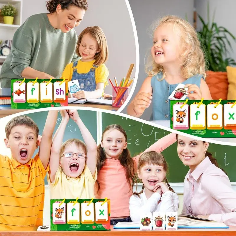 Random Color CVC Word Builder Games Cards, 80 Cards Learn To Read Montessori Word Building Desktop Pocket Chart Flash Cards Kit 5