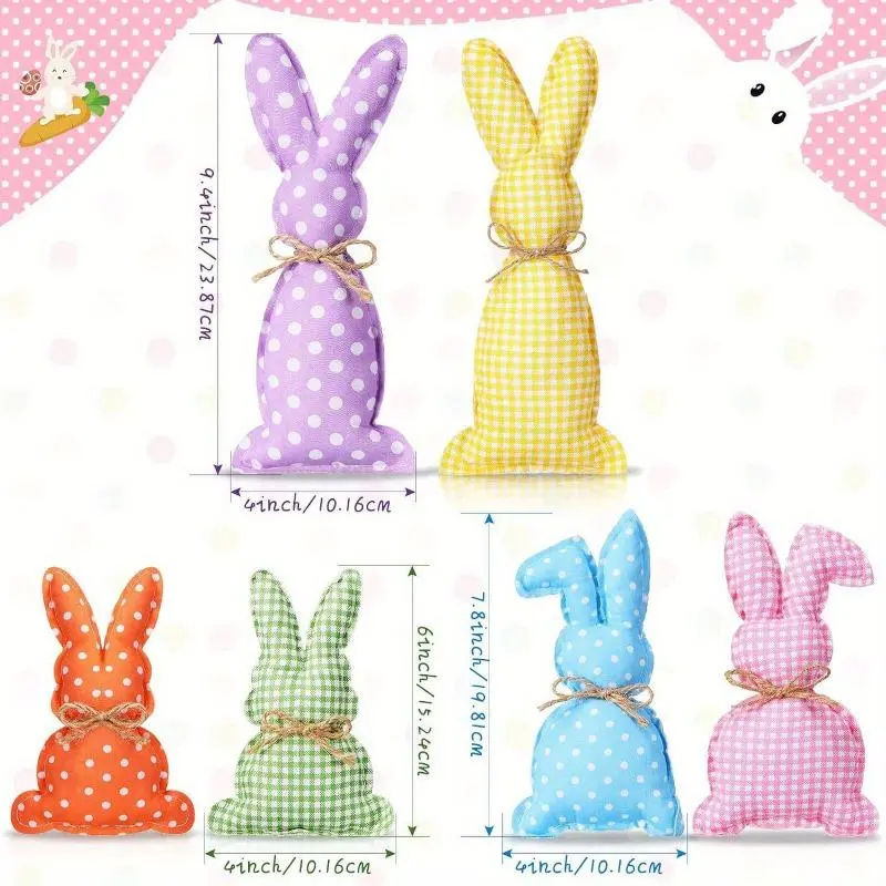6pcs Easter Bunny Plush Knit Polka Dot Checkered Rabbit Figurines, Polyester Fabric Decorative Props for Holiday Party Decoration, No Electricity Needed 3