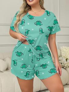 【Plus Size】 All Over Dinosaur Print Pyjama Set, Casual Soft Short Sleeve T-shirt & Elastic Waist Shorts Loungewear Set, Women's Sleepwear for Summer Everyday Wear, Pajamas, Womenswear, Clothing Sets, Homewear