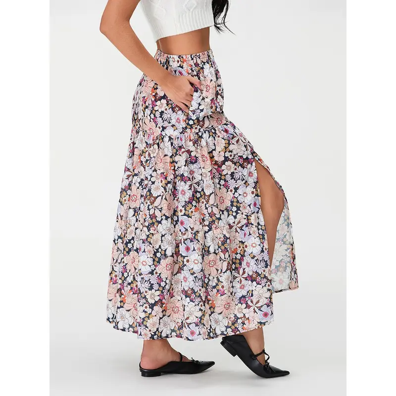 Women Floral Long Skirts High Waist Flowy Slit Skirt Summer Bohemian Skirt for Casual Daily Holiday 1