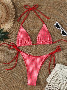 Two-Piece Set Women's Plaid Print Halter Bikini Set, Casual Fashion Chic Tie Back Swim Top & Tie Side Swim Bottom Two-Piece Swimsuit for Beach Holiday Vacation, Ladies Swimwear for All Seasons