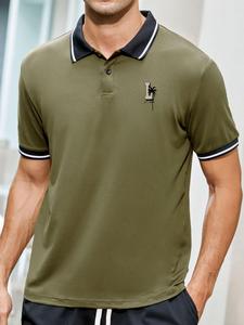 Men's Loose Letter & Tree Print Short Sleeve Polo Shirt, Casual Summer Collar Graphic Tee T-Shirt for Work Business Golf