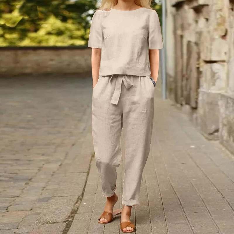 Women's Pullover Shirt And Pants Two-piece Set 2025 Women's Cotton And Linen Summer Suit Short Sleeved O-neck Outfit Pants 5