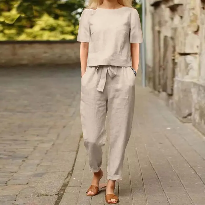 Women's Pullover Shirt And Pants Two-piece Set 2025 Women's Cotton And Linen Summer Suit Short Sleeved O-neck Outfit Pants 5