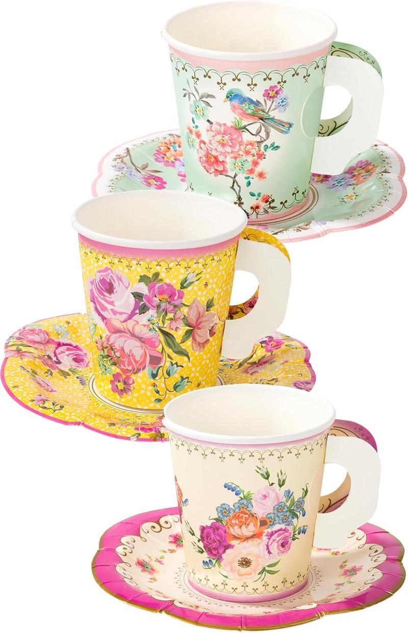 Product Introduction of Pack of 24 Vintage Floral Cup & Saucer Afternoon Tea Set, Truly Scrumptious Disposable Tableware for Birthday or Garden Party, Baby Shower, Wedding, TRULYCUPSET24 Drinkware Plastic 3