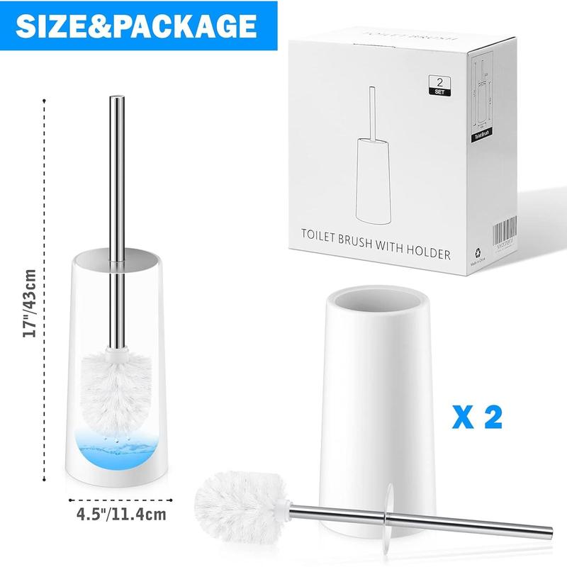 Toilet Brush and Holder, 2 Pack Toilet Brush with 304 Stainless Steel Long Handle, Toilet Bowl Brush for Bathroom Toilet-Ergonomic, Elegant,Durable (White) 1