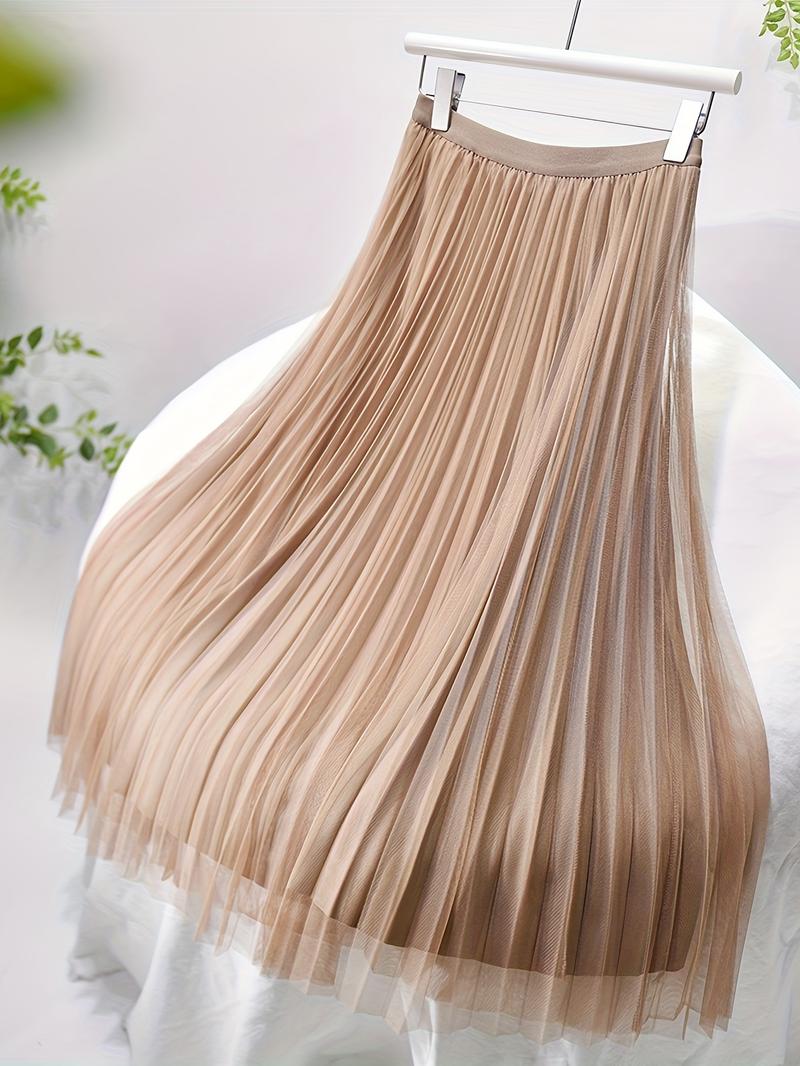 Product Introduction of Polly Pocket Skirt Women'S Chic A-Line Pleated Skirt, 100% Polyester Knit Fabric, Solid Color, Elastic Waist, All-Season, Breathable Mesh Lining, 24g/m² - Elegant Midi Skirt 11